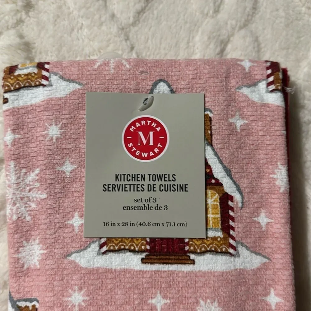 Martha Stewart 3 Cotton Pink Red White Christmas Homes Kitchen Tea Towels